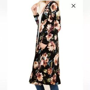 Gorilla & Cat Velvet Stretch Floral Print Open Front Cardigan Kimono Black Small
